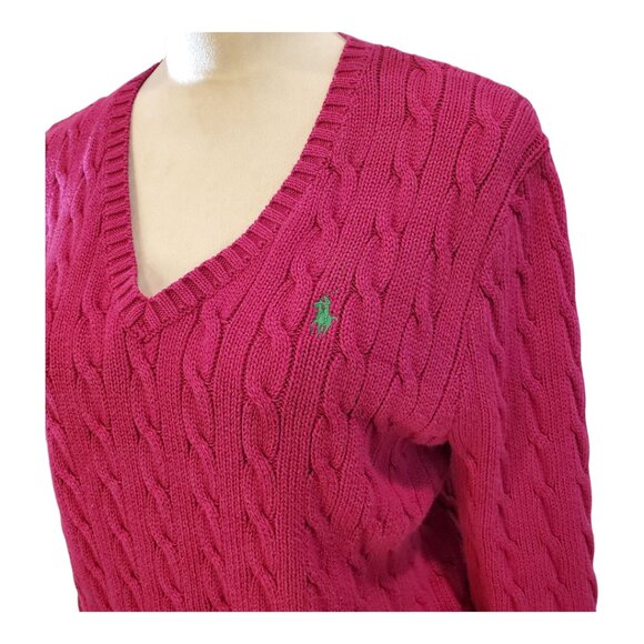 RALPH LAUREN SPORT SZ XL Women's 100% Cotton Cable Knit V-Neck Sweater Fuchsia - Picture 3 of 7